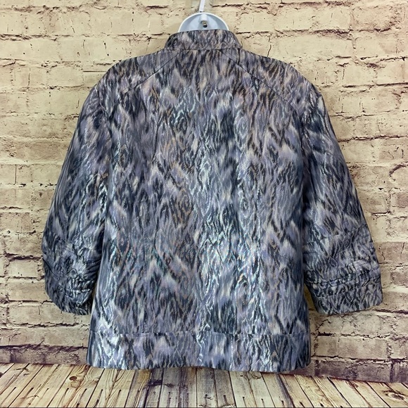 Chico’s Purple Silver Metallic Zipper Front 3/4 Ruched Sleeve Jacket - Picture 6 of 11
